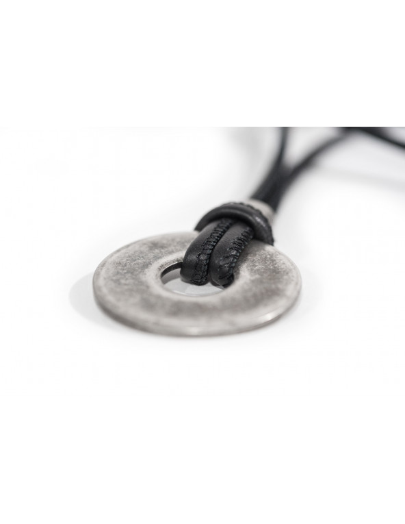 Black leather necklace with matte stainless steel circle pendant