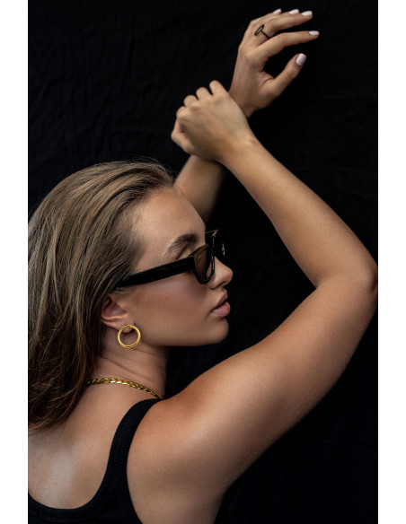 Gold-plated stainless steel hoop earrings in gold color with stud clasp.