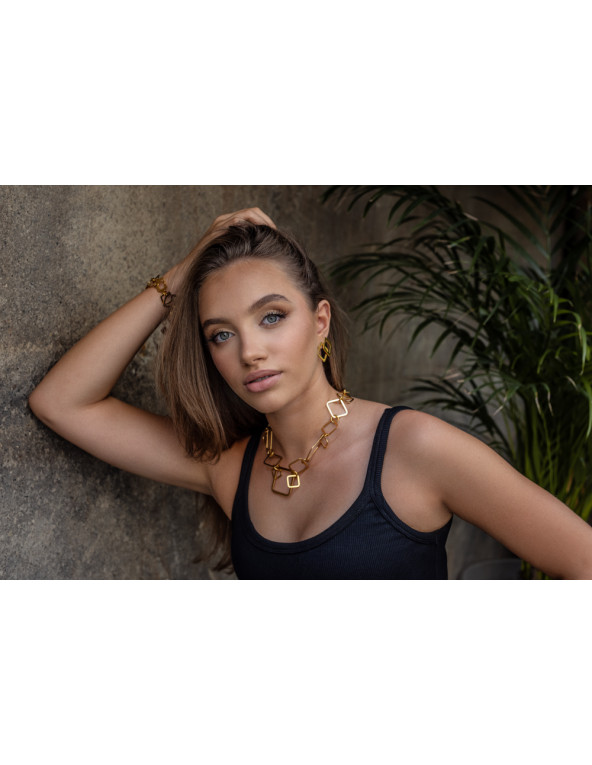 Gold-plated 3D stainless steel jewelry set with movable geometric elements – necklace and bracelet