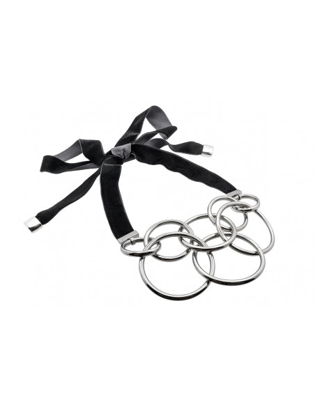Adjustable stainless steel circles necklace with a black velvet ribbon tied into a bow.