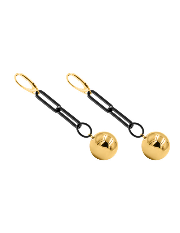 Long black and gold stainless steel ball earrings