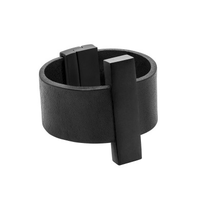 Black leather bracelet with matte stainless steel, handcrafted