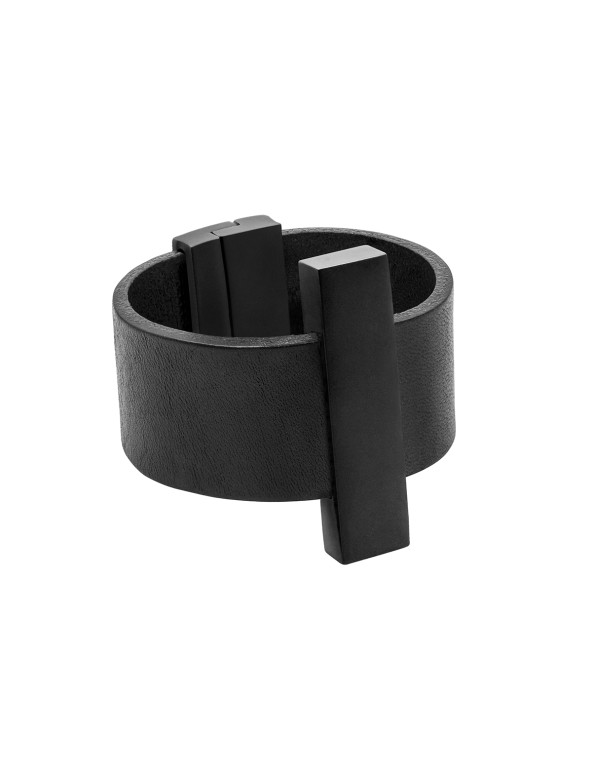 Black leather bracelet with matte stainless steel, handcrafted