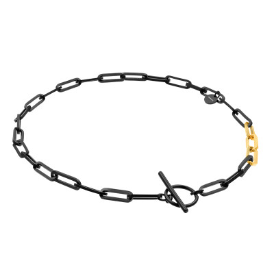 Short black matte stainless steel necklace with large gold-accented links.