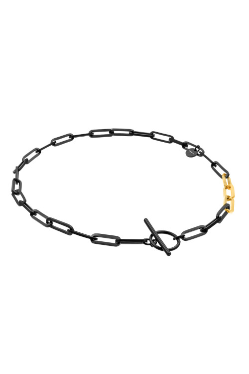Short black matte stainless steel necklace with large gold-accented links.