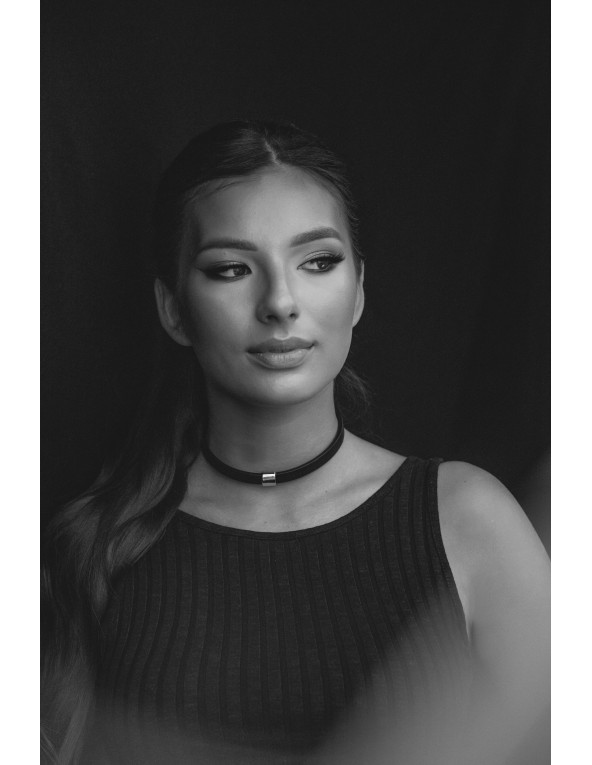 Black leather choker with polished stainless steel accent