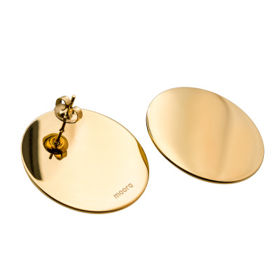 Gold stainless steel disc hoop earrings with a shiny finish and modern minimalist style.