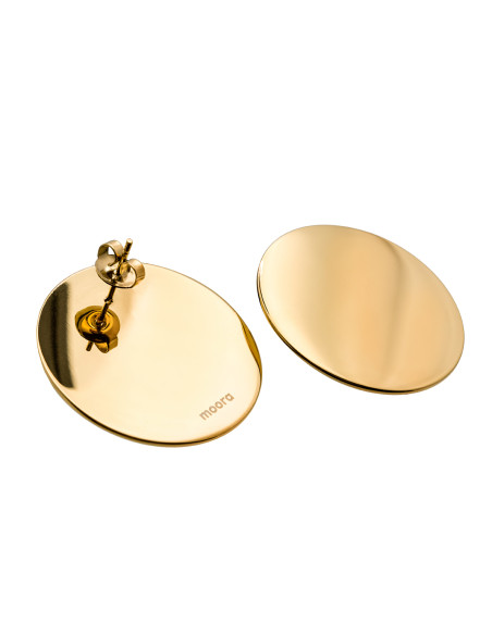 Gold stainless steel disc hoop earrings with a shiny finish and modern minimalist style.
