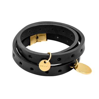Black leather bracelet with gold charms and adjustable clasp