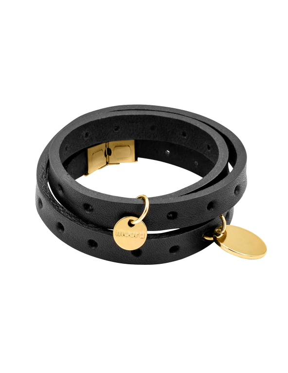 Black leather bracelet with gold charms and adjustable clasp