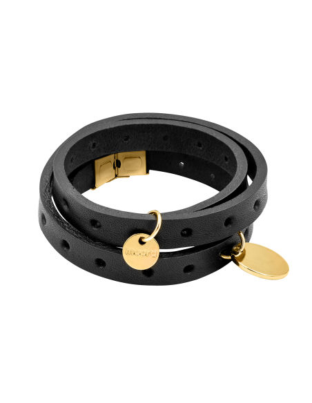 Black leather bracelet with gold charms and adjustable clasp