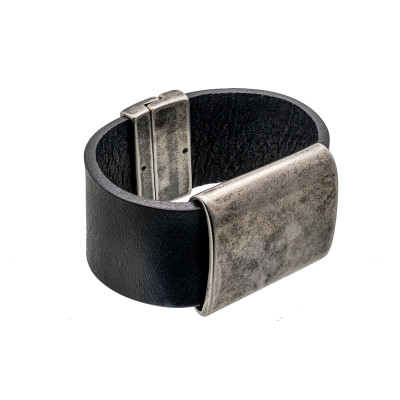 Black leather bracelet with matte stainless steel accent