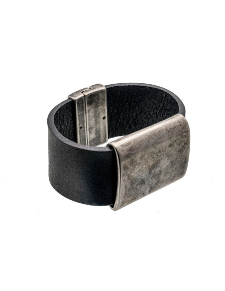 Black leather bracelet with matte stainless steel accent