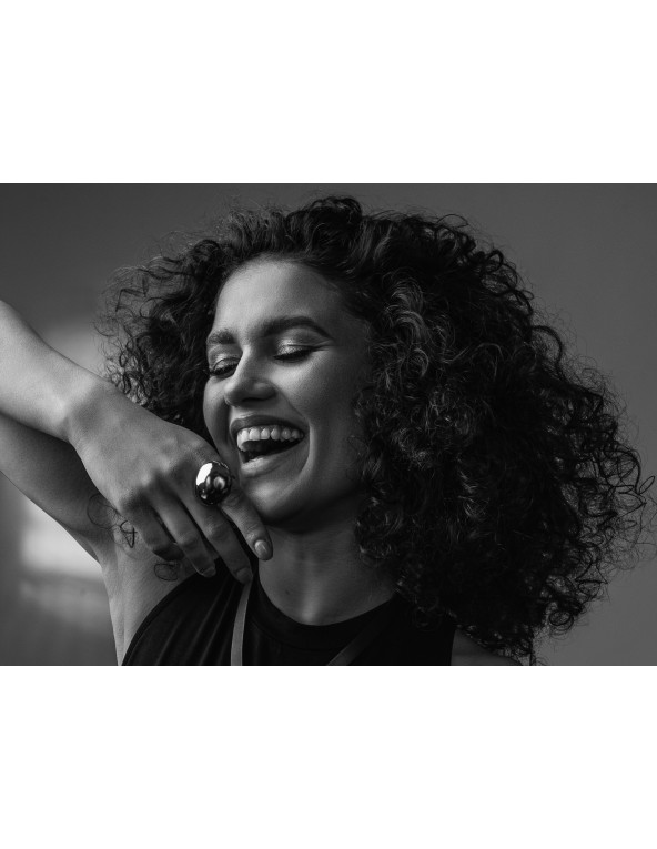 Gold ring with large half-sphere made of stainless steel