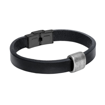 Black leather bracelet with matte stainless steel detail and adjustable watch-style clasp