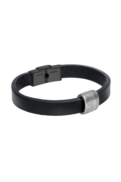 Black leather bracelet with matte stainless steel detail and adjustable watch-style clasp