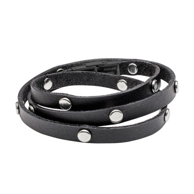 Triple-wrap black leather bracelet with steel studs