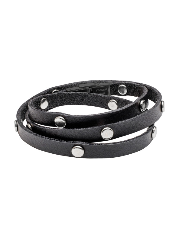 Triple-wrap black leather bracelet with steel studs