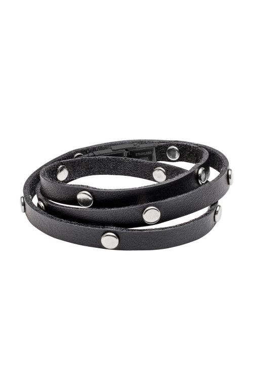 Triple-wrap black leather bracelet with steel studs