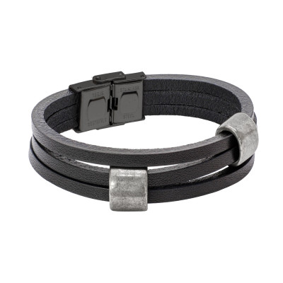 Black leather bracelet with matte steel details and black clasp