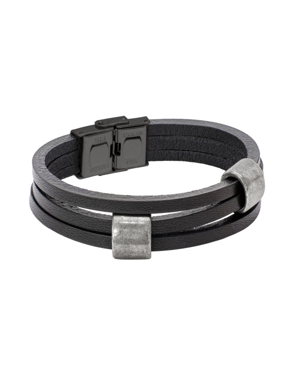 Black leather bracelet with matte steel details and black clasp