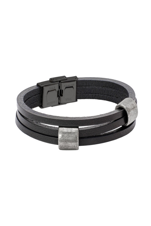 Black leather bracelet with matte steel details and black clasp
