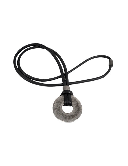 Black leather necklace with matte stainless steel circle pendant