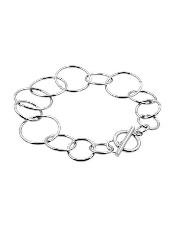 Silver stainless steel bracelet with movable elements and minimalist modern design.