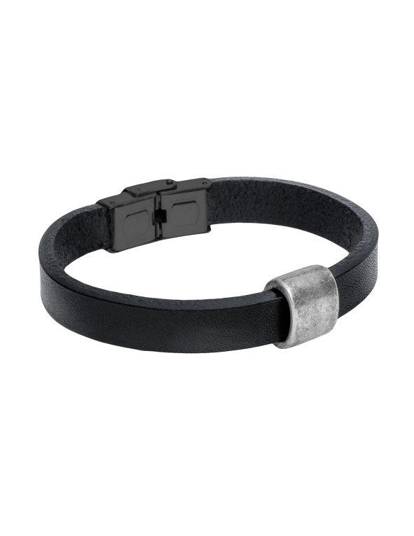Men’s black leather bracelet with matte stainless steel element.
