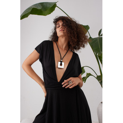 Black leather necklace with shiny stainless steel square pendant 2