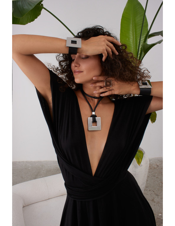 Black leather necklace with shiny stainless steel square pendant