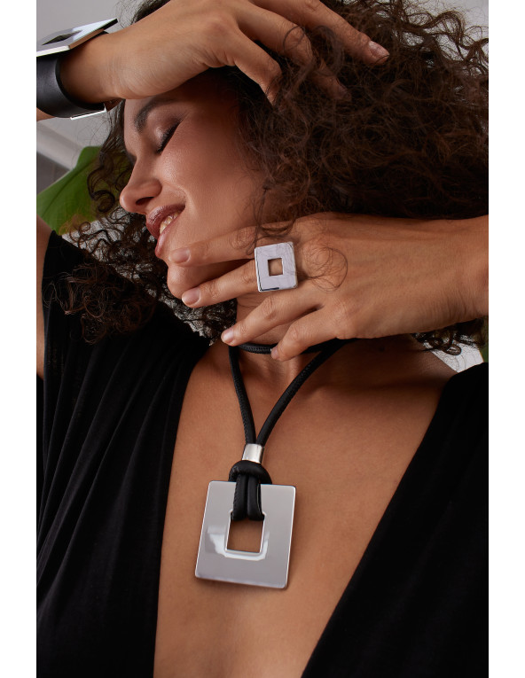 Black leather necklace with matte stainless steel square pendant