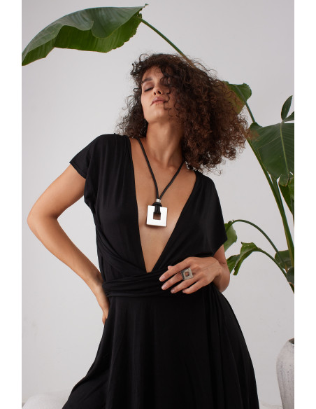 Black leather necklace with matte stainless steel square pendant
