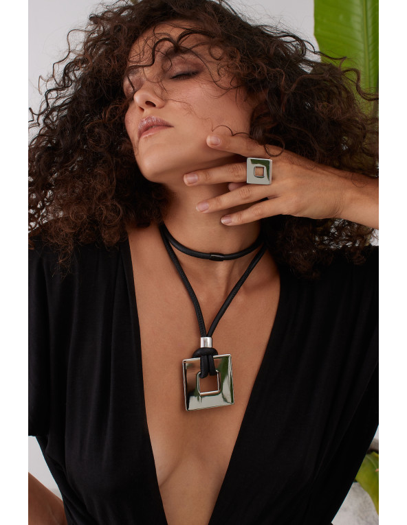 Black leather necklace with matte stainless steel square pendant