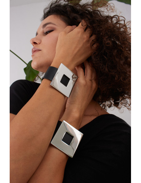 Black wide women's leather bracelet with a shiny square accent and magnetic clasp
