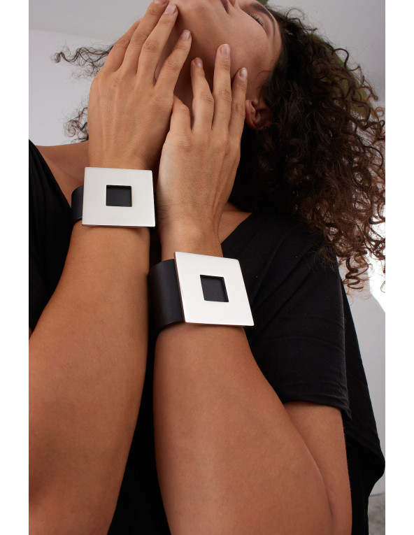 Black wide women's leather bracelet with a matte square accent and magnetic clasp