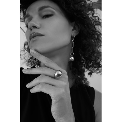 Stainless steel ring with large silver sphere 2