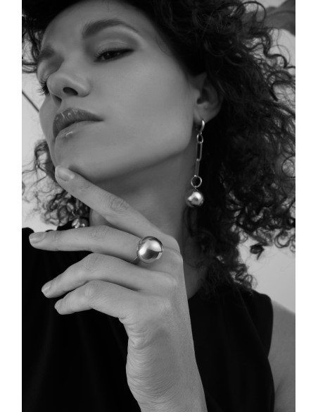 Stainless steel ring with large silver sphere