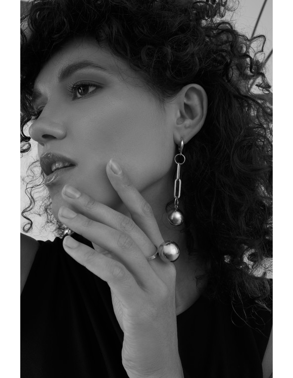 Stainless steel ring with large silver sphere