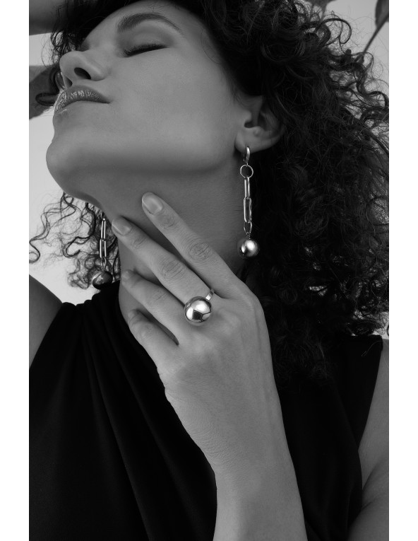 Stainless steel ring with large silver sphere
