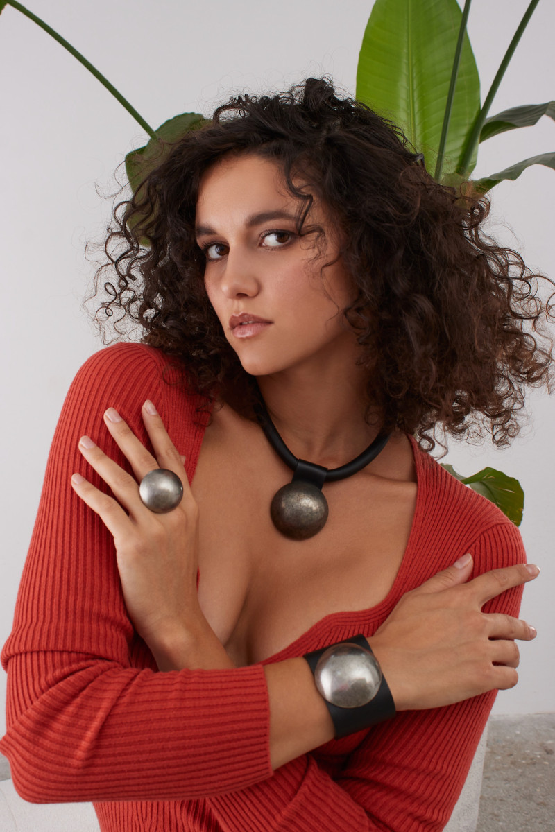 Black leather choker with matte stainless steel sphere and silver magnetic clasp