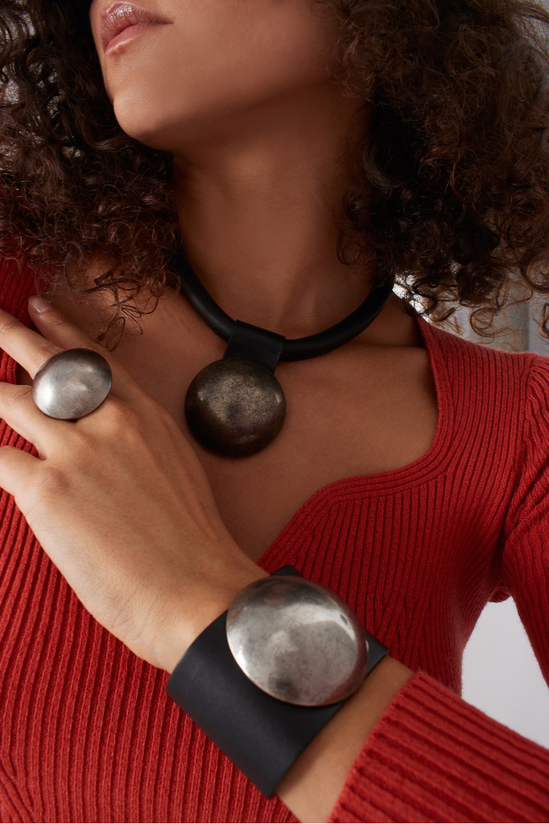 Black leather choker with matte stainless steel sphere and silver magnetic clasp