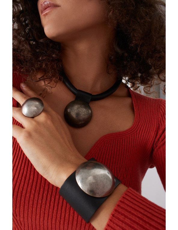 Matte half-sphere ring made of aged steel