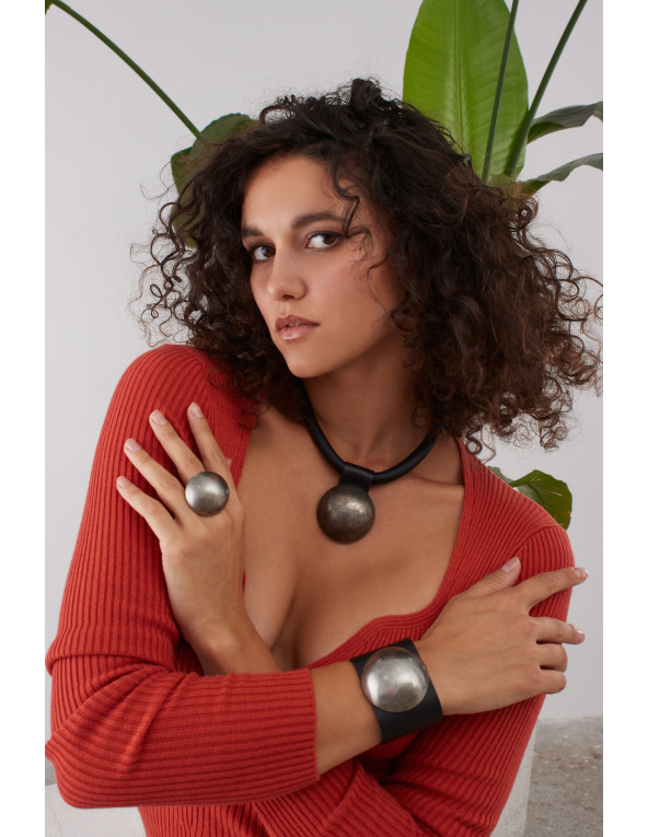 Matte half-sphere ring made of aged steel