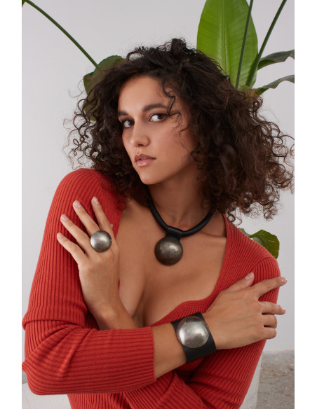 Matte half-sphere ring made of aged steel