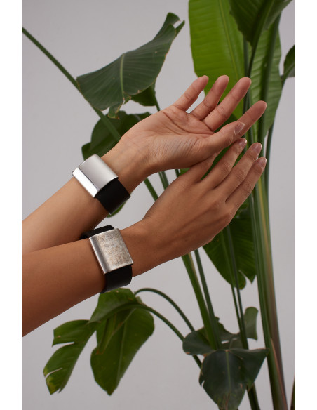 Black leather bracelet with matte stainless steel accent