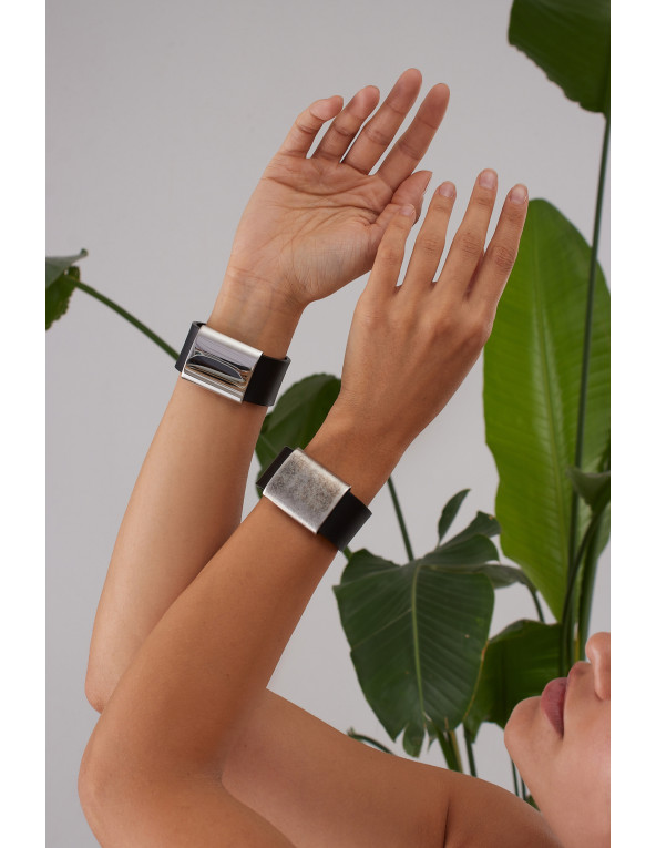 Black leather bracelet with matte stainless steel accent