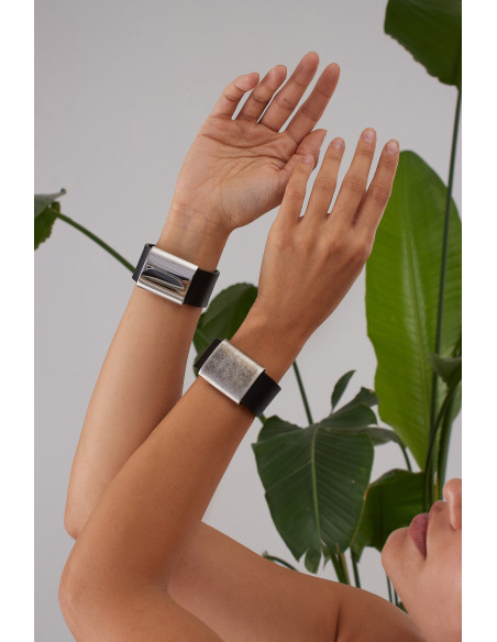 Black leather bracelet with matte stainless steel accent