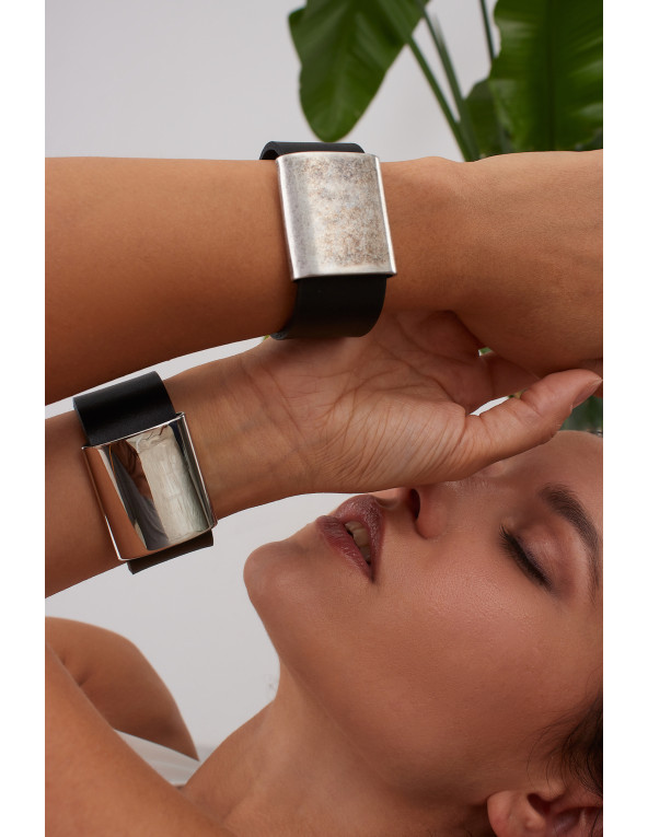 Black leather bracelet with matte stainless steel accent