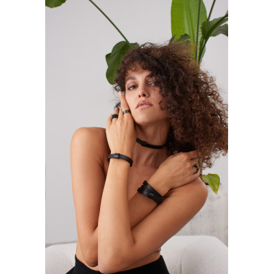 Black leather bracelet with matte black stainless steel accent 2